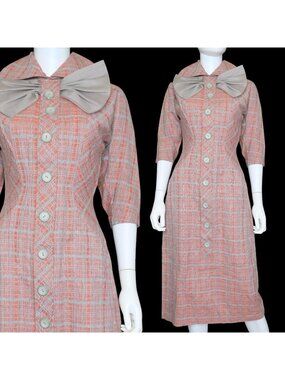 Vintage 60s Secretary Midi Dress Bow Neck Red Gray 3/4 Sleeve Women's Small